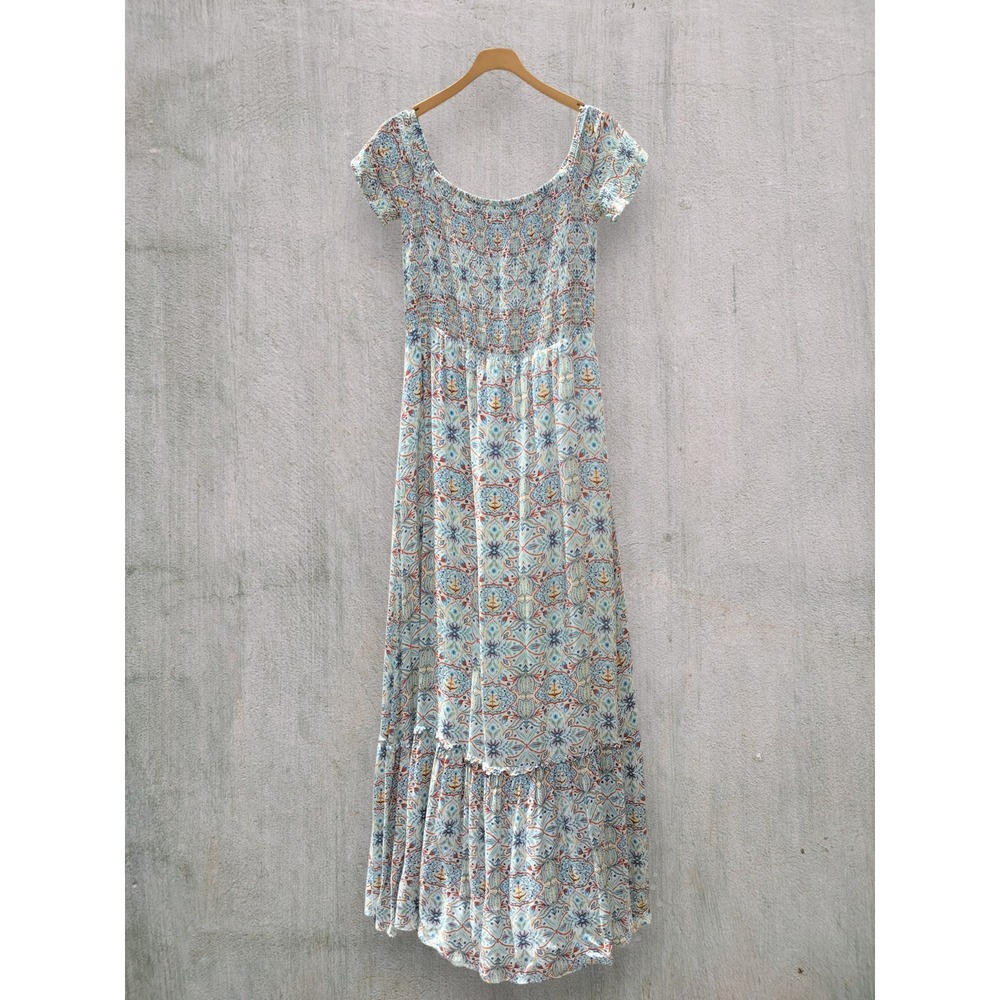 Cooper & Ella Boho Smocked Off Shoulder Maxi Dress Large Floral Summer Festival